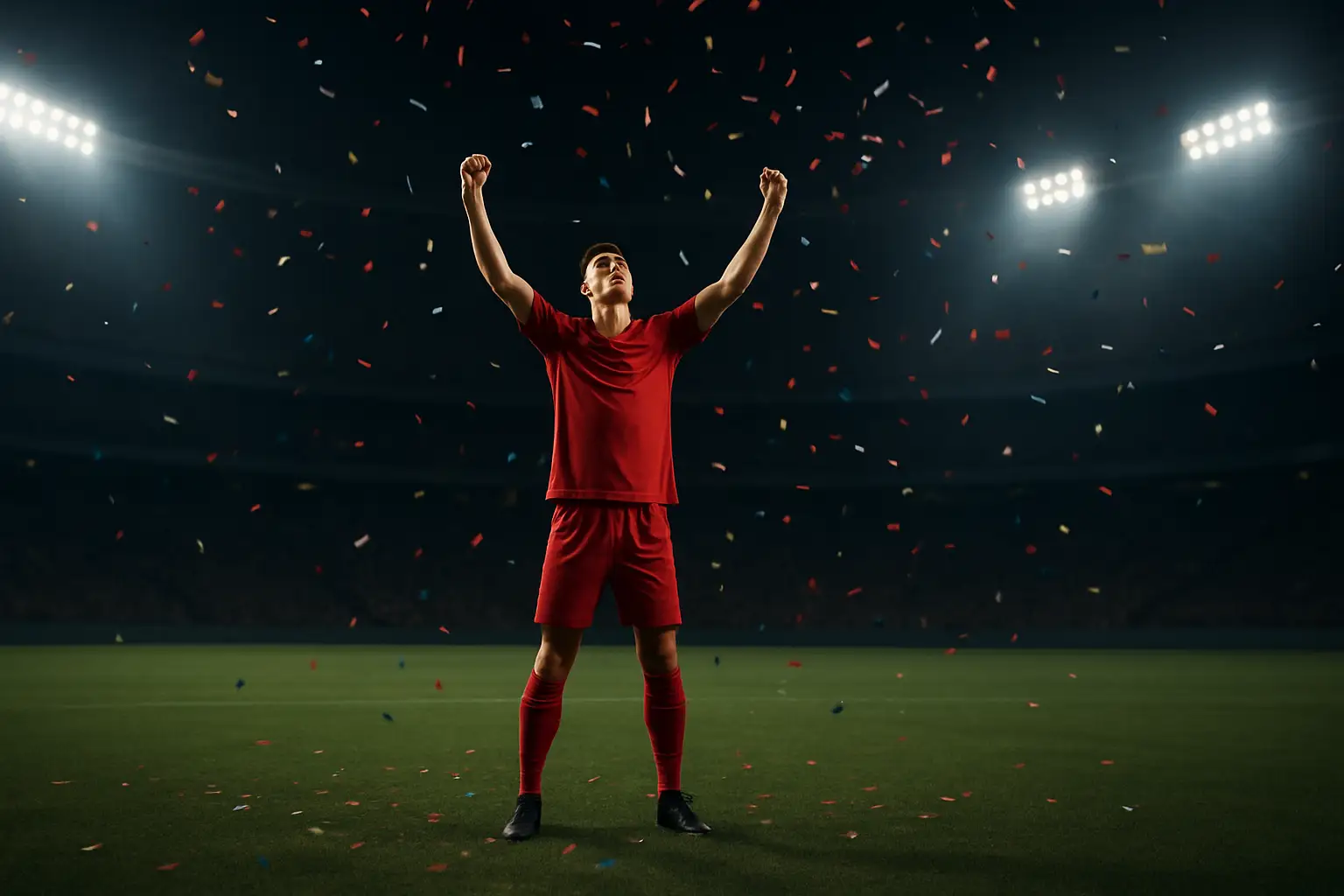 Cristiano Ronaldo celebrating a milestone moment on a floodlit football pitch