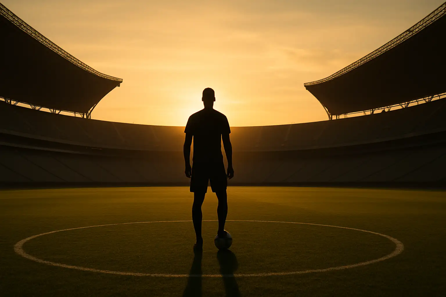 A football player silhouette standing alone on a pitch at sunset, suggesting a farewell moment