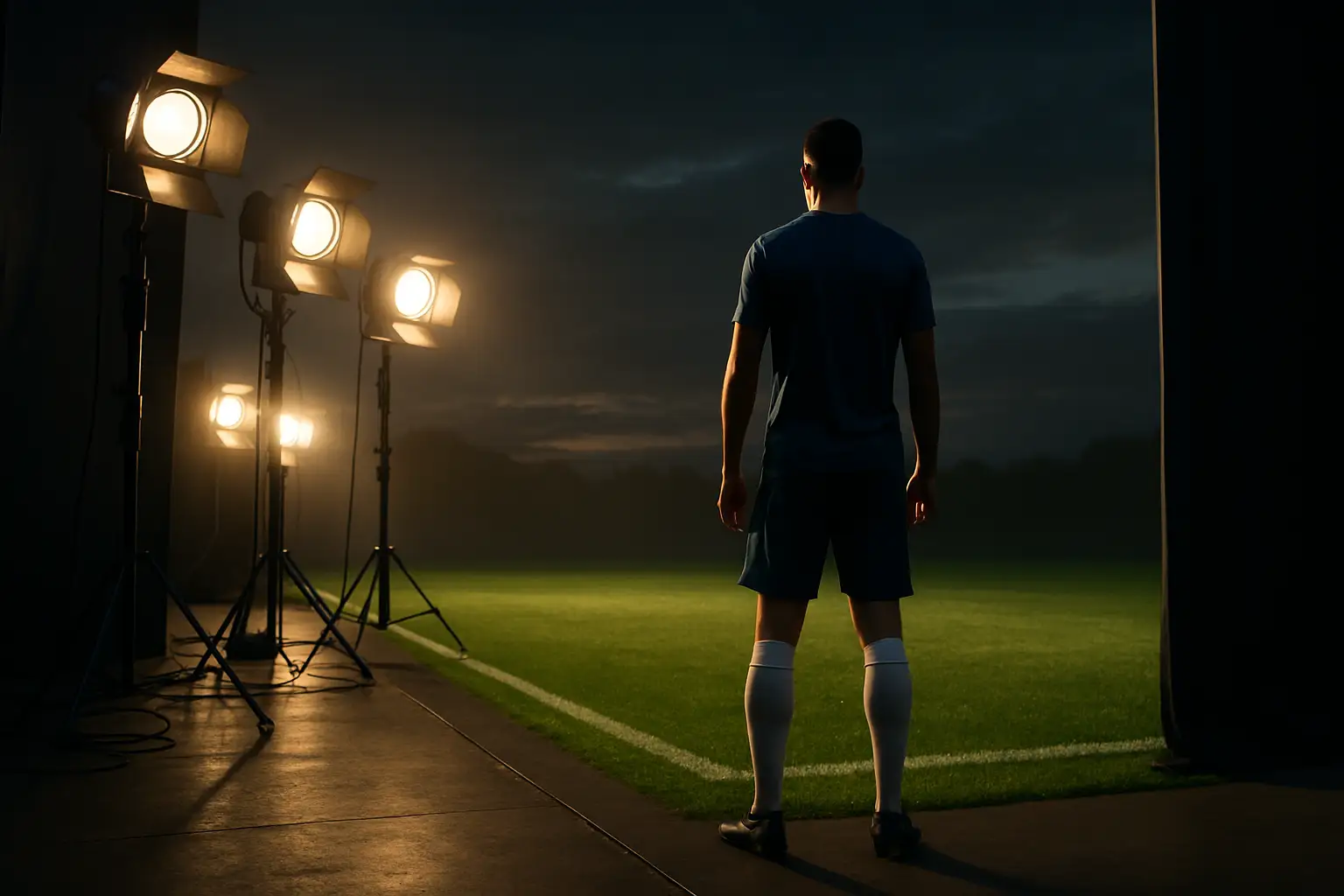 A soccer player stands at the edge of a film set with studio lights and a football pitch in the background