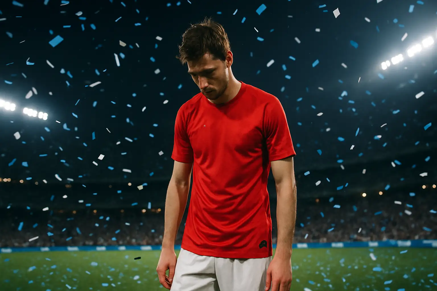 A footballer in red jersey standing alone on a floodlit pitch, head bowed, in an emotional moment after a match