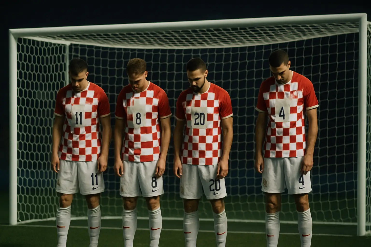 Croatia players looking dejected on the pitch after conceding from a set piece against England