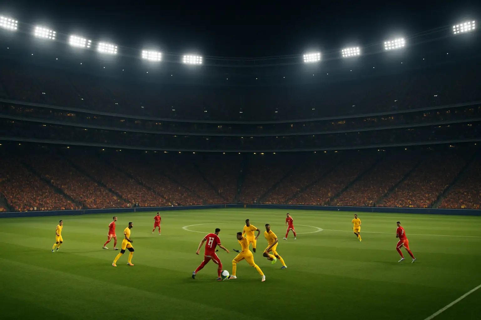 Football players from two national teams competing on a World Cup stadium pitch under bright floodlights