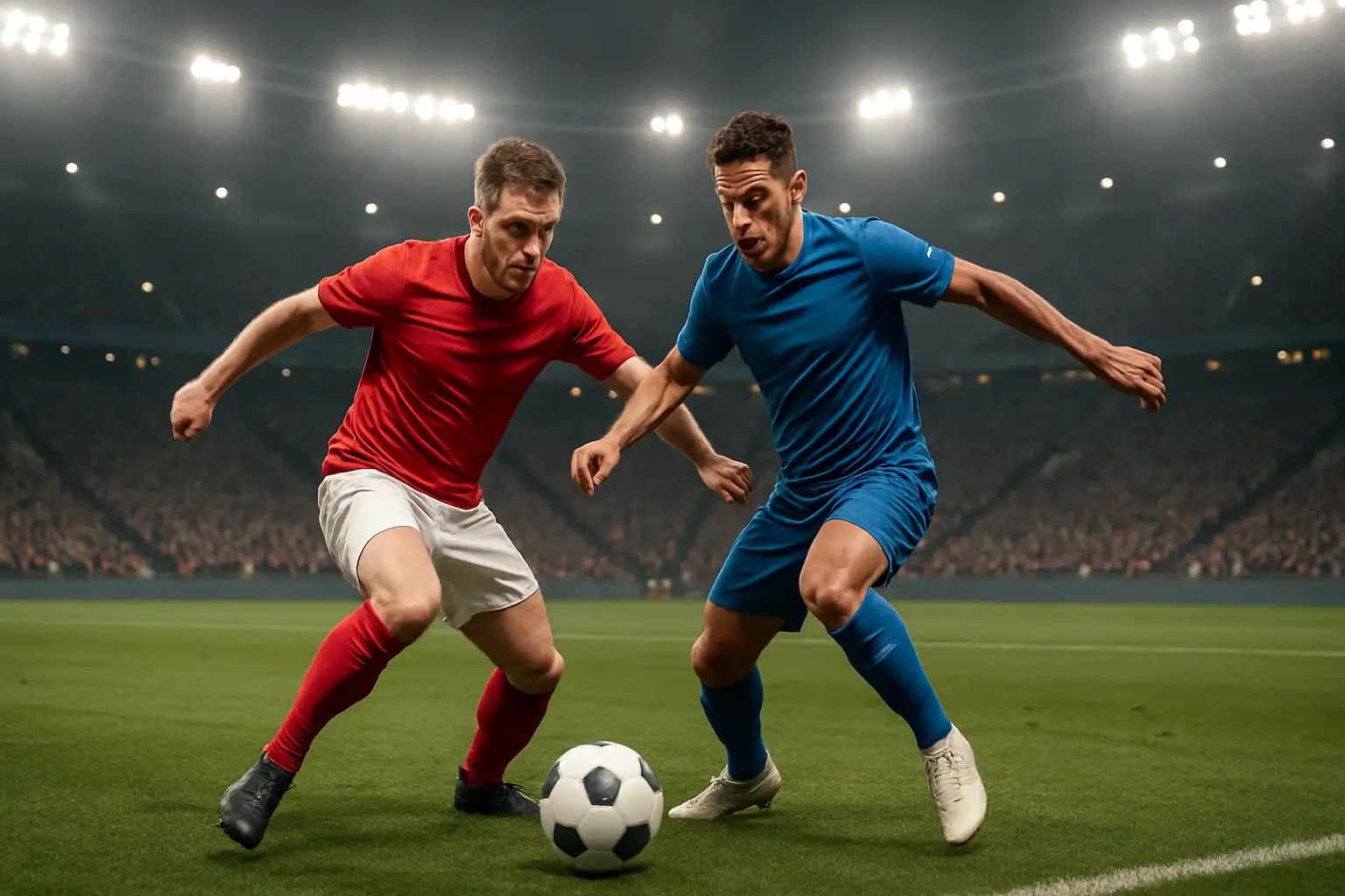 Soccer players competing in a World Cup group stage match on a large stadium pitch