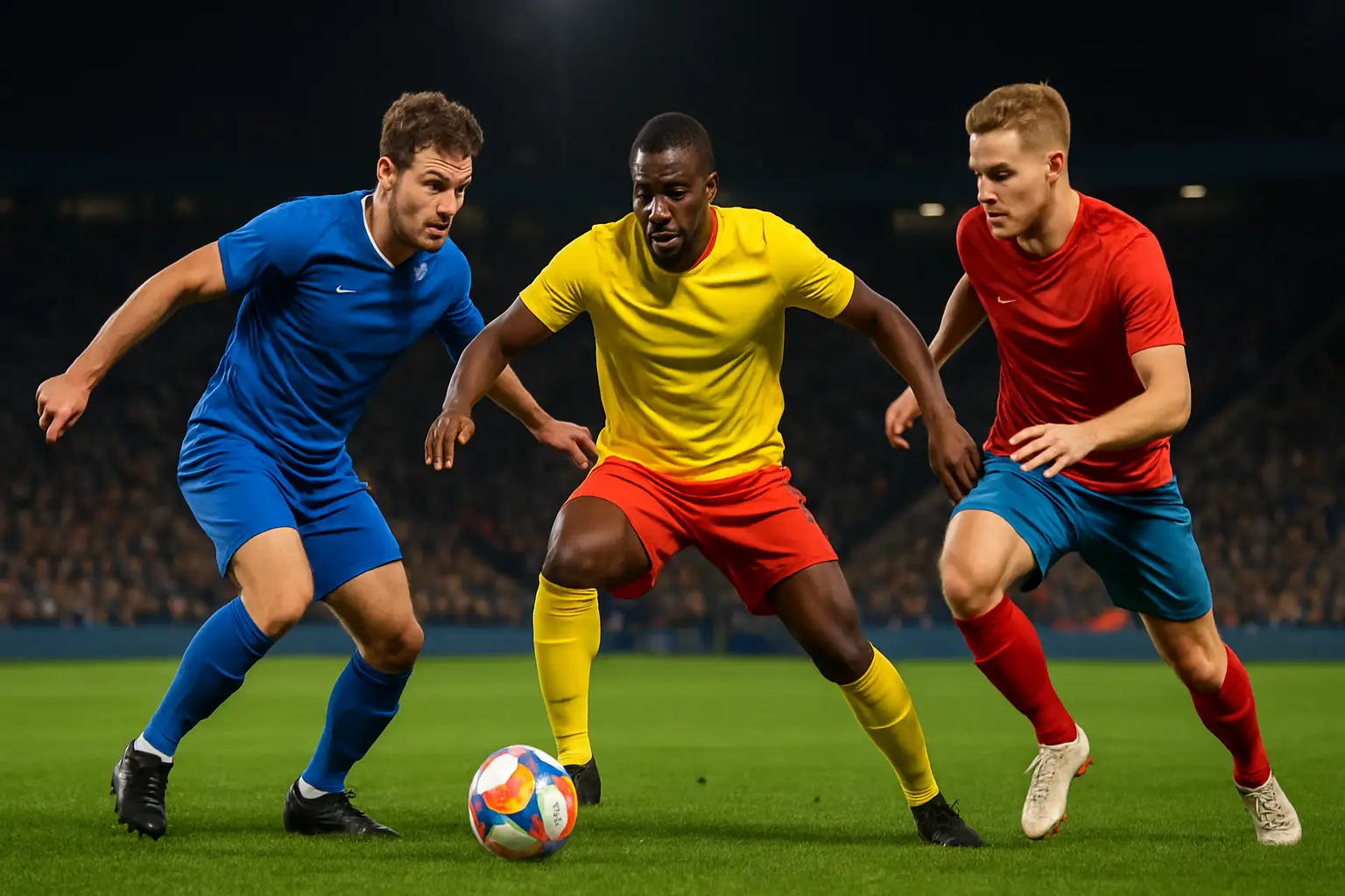 Football players from two national teams competing on a green pitch under stadium lights