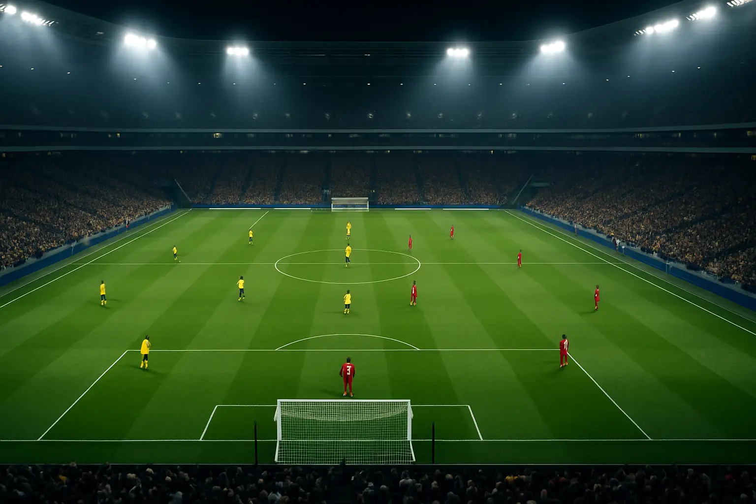 Football players competing in a World Cup group stage match under bright stadium lights