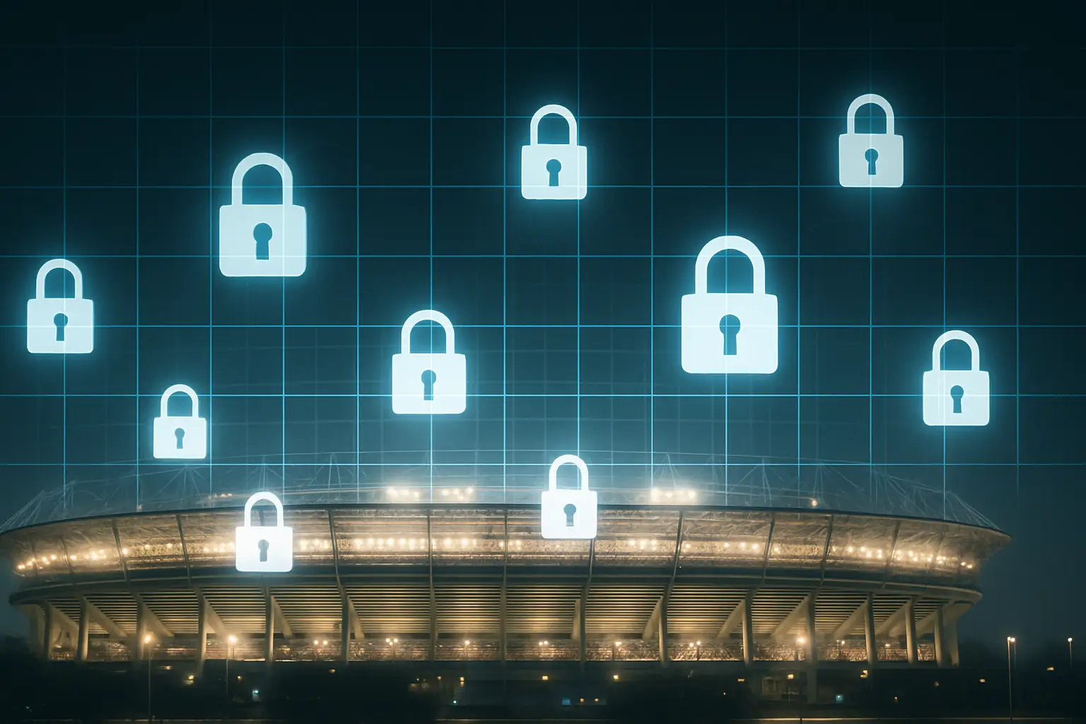 Digital security shield overlaid on a packed sports stadium at night