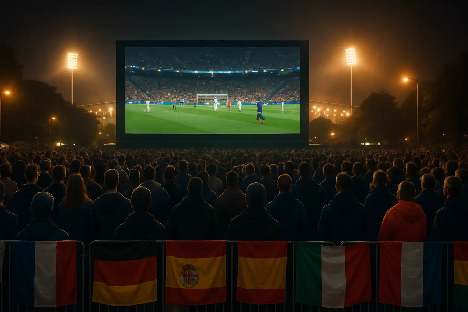 Football fans watching a World Cup match on a large screen in a packed stadium