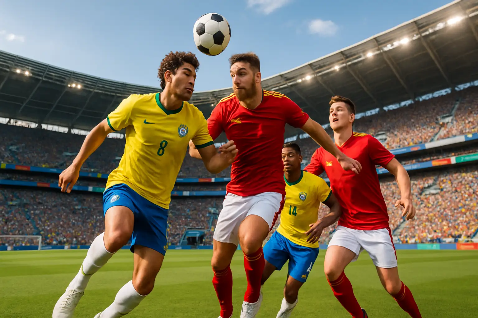 Soccer players from two national teams competing on a pitch during a major international tournament