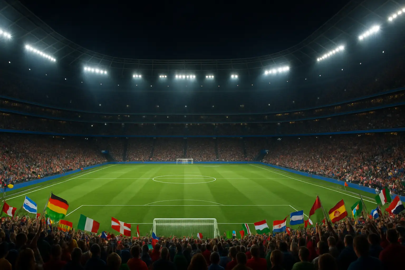 A football stadium filled with fans waving national flags under bright floodlights during a major international tournament