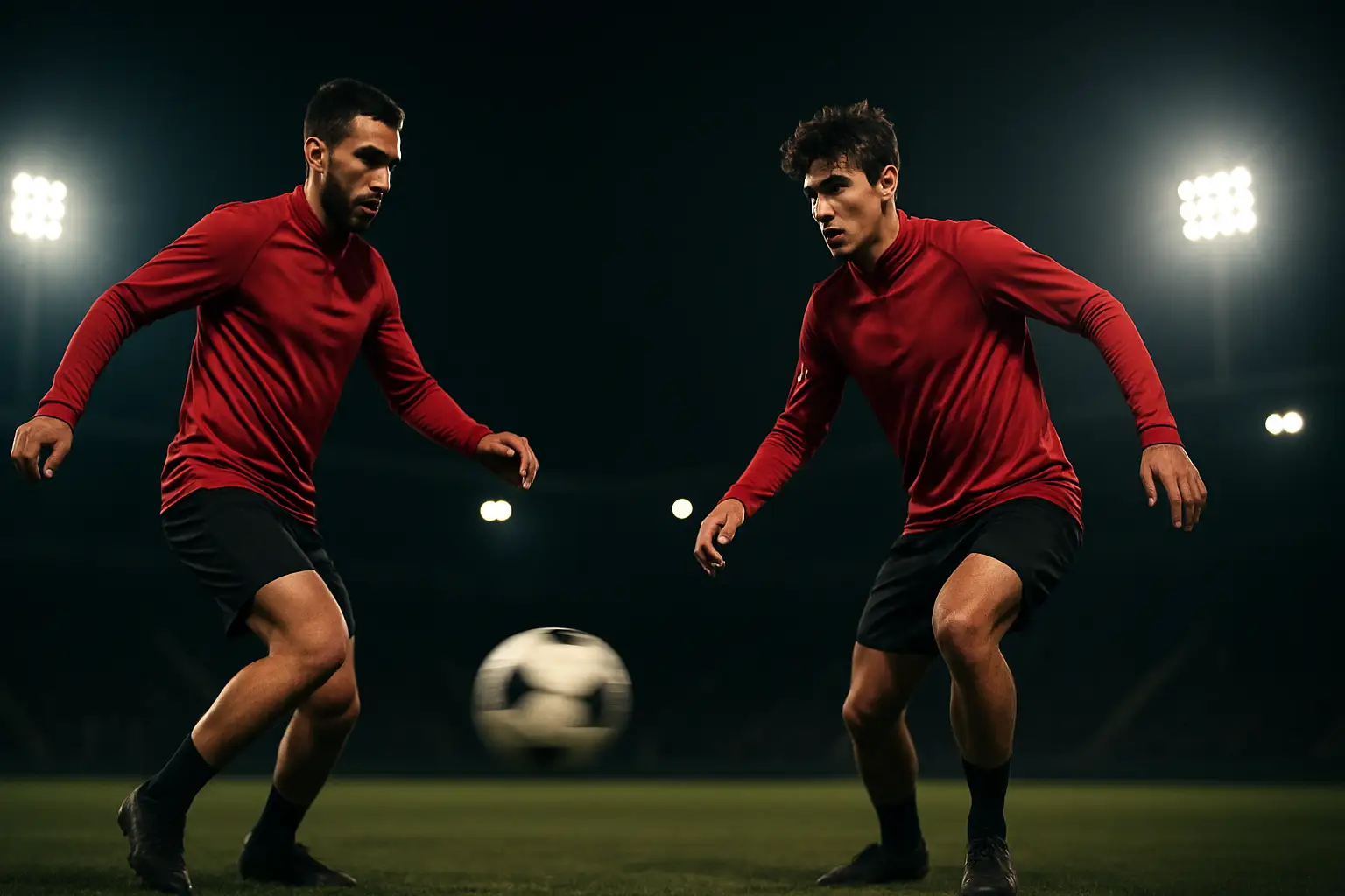 Spain footballers in training, passing drills on a green pitch under floodlights