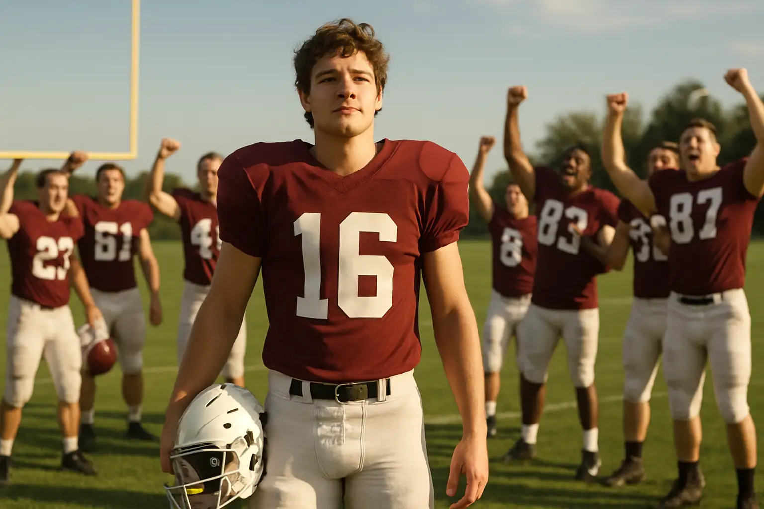 A football player in a college uniform celebrating a commitment decision on a stadium field