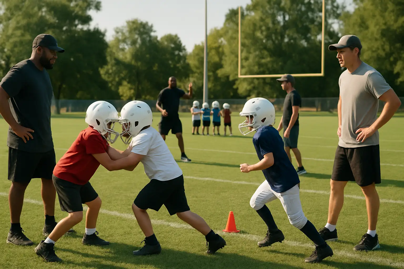 Youth football clinic with police officers and young players on a football field