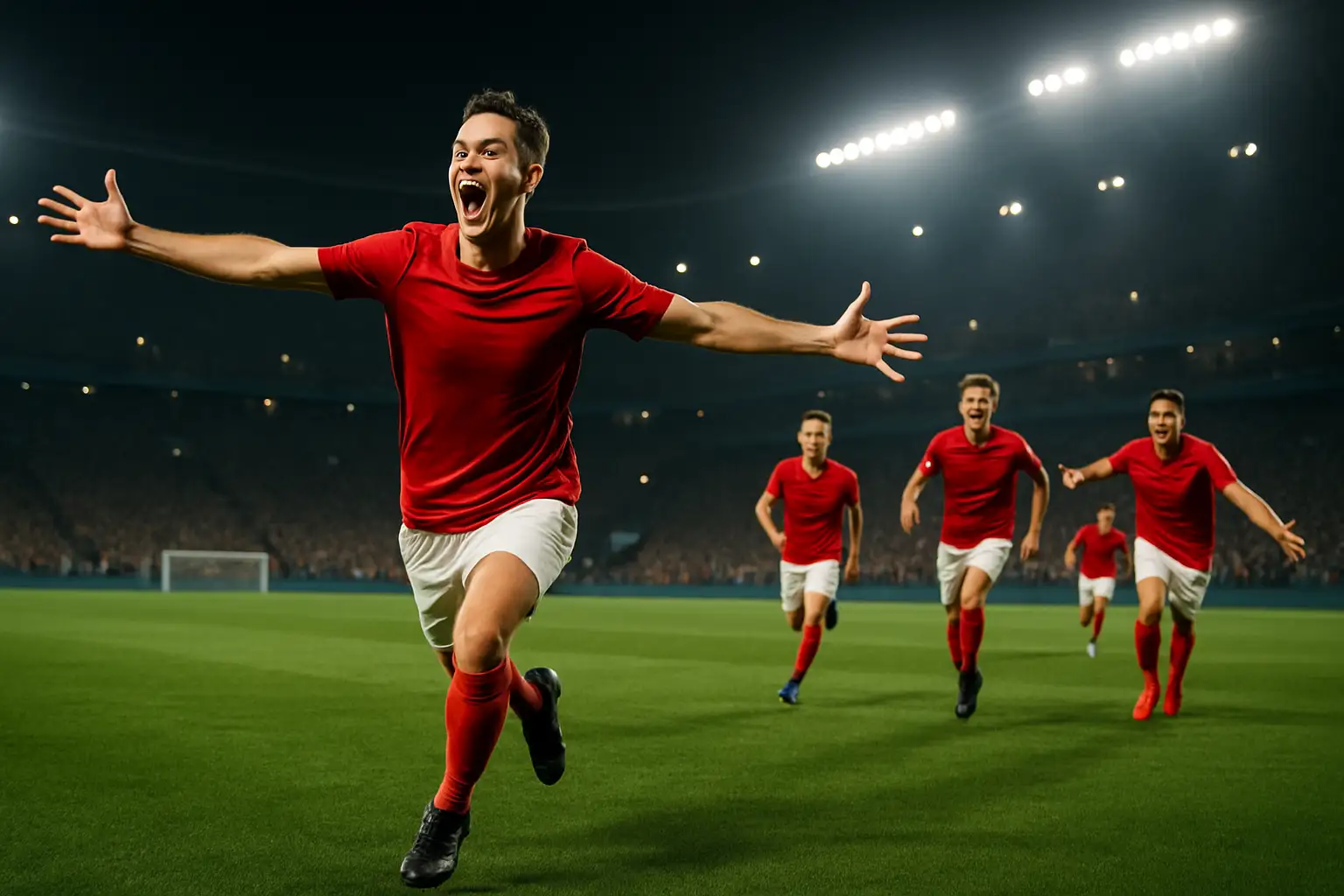 A footballer celebrating a goal in front of a packed stadium crowd at night