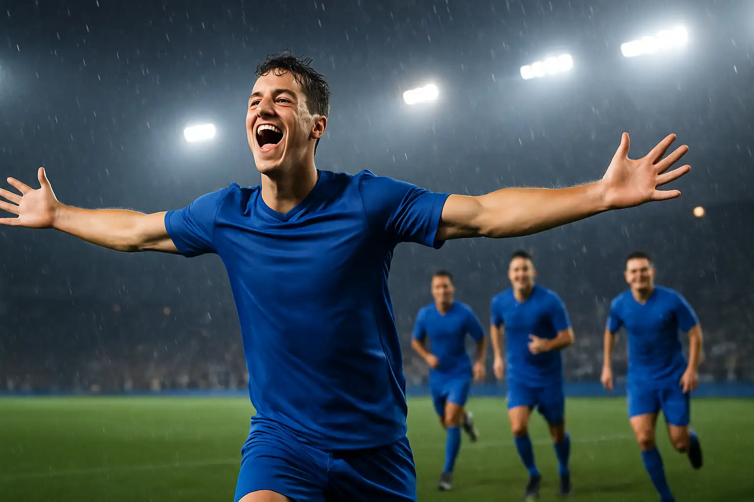 A football player celebrating a hat-trick goal in an international match under floodlights