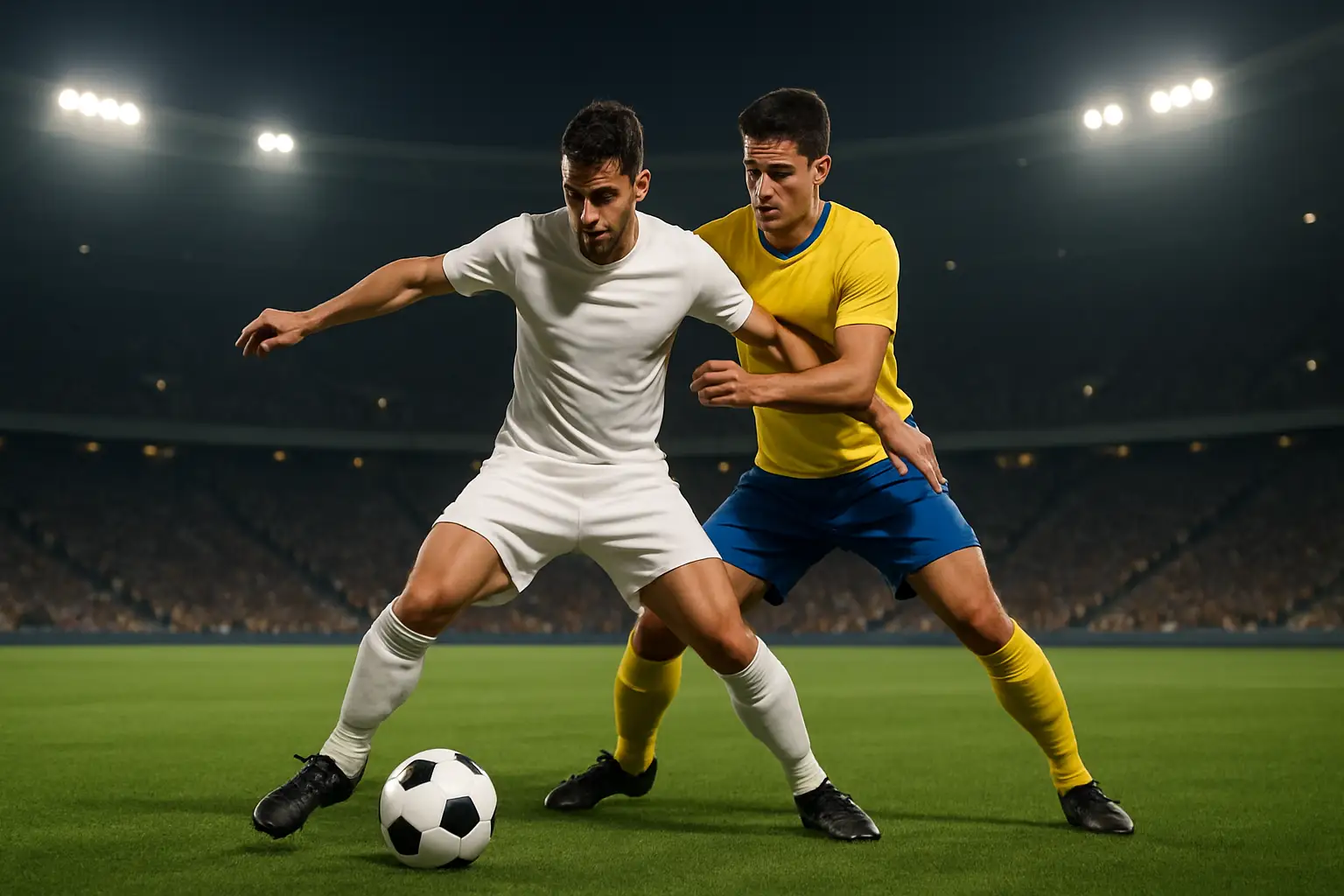 A footballer in a white national team kit controls the ball under pressure from an opponent in a yellow jersey during an international match