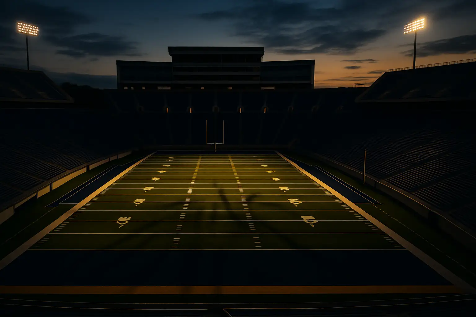 UCLA football field with Bruins logo at midfield under stadium lights
