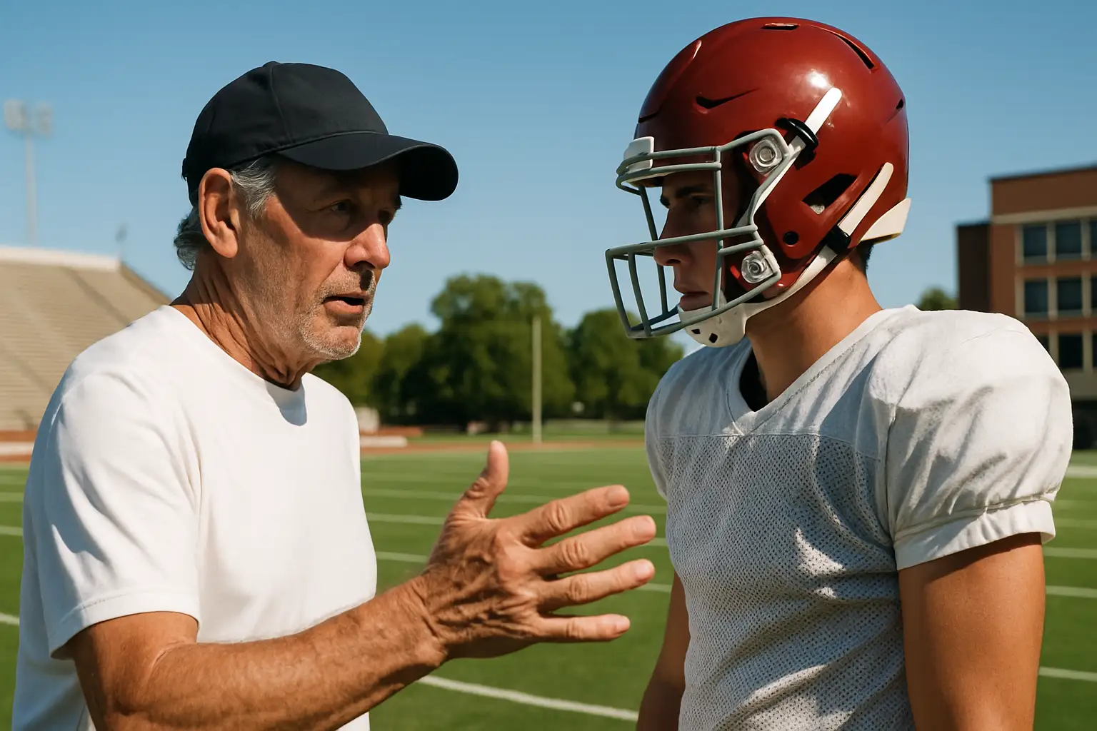 A football coach in a cap and polo shirt talks with a young quarterback on a college practice field