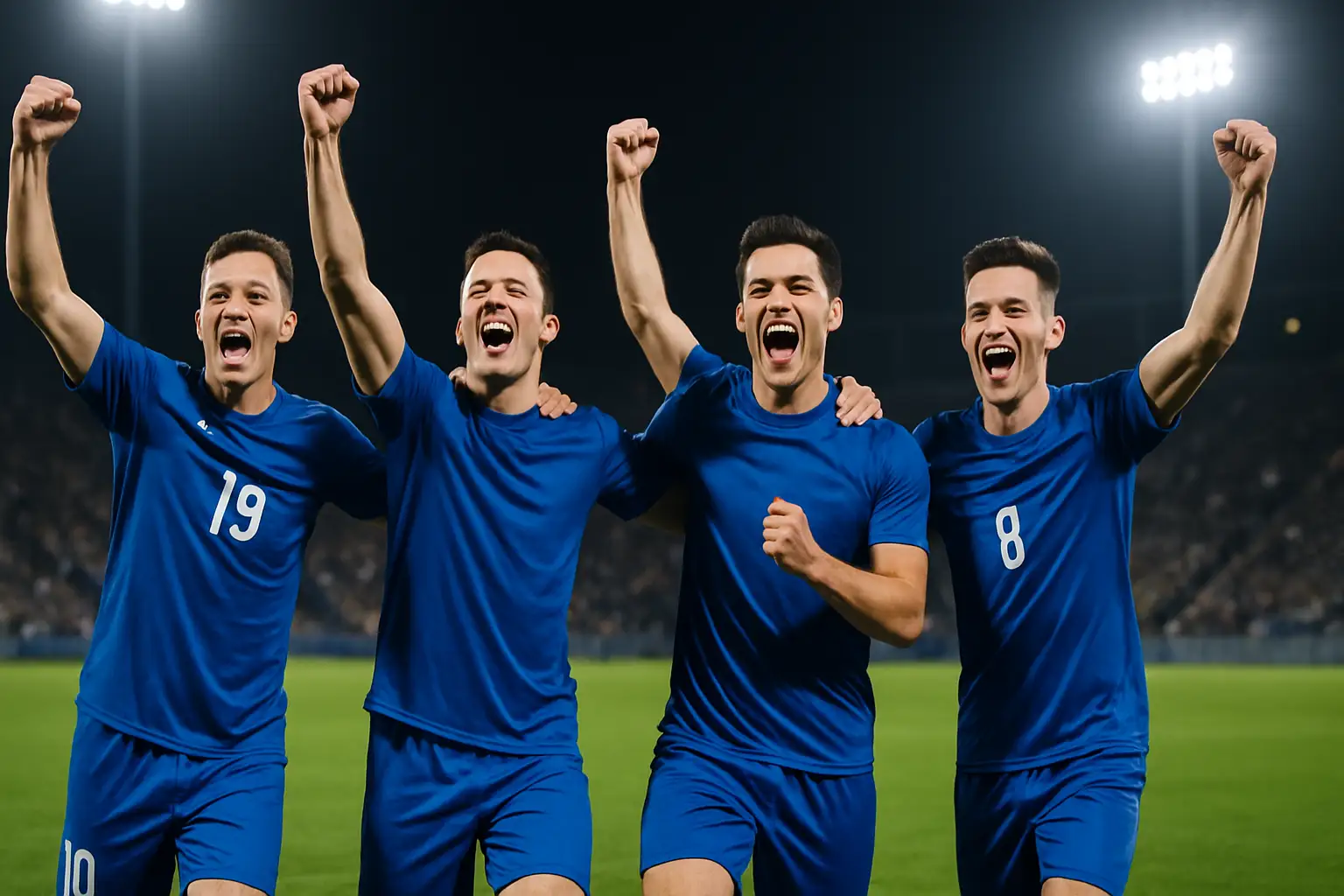 France football players celebrating after advancing past Paraguay in an international match