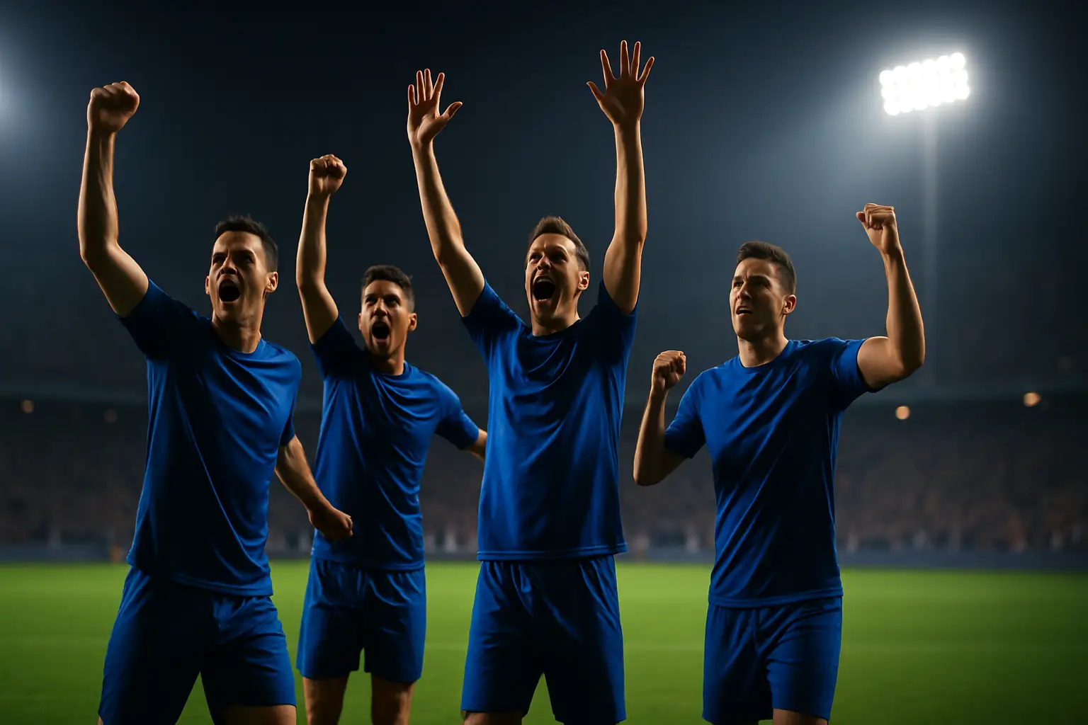 France football players celebrating an international victory on the pitch