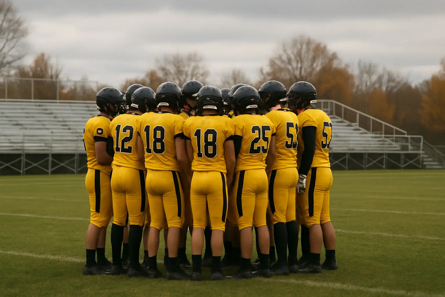 High school football players huddling on a field during an autumn game
