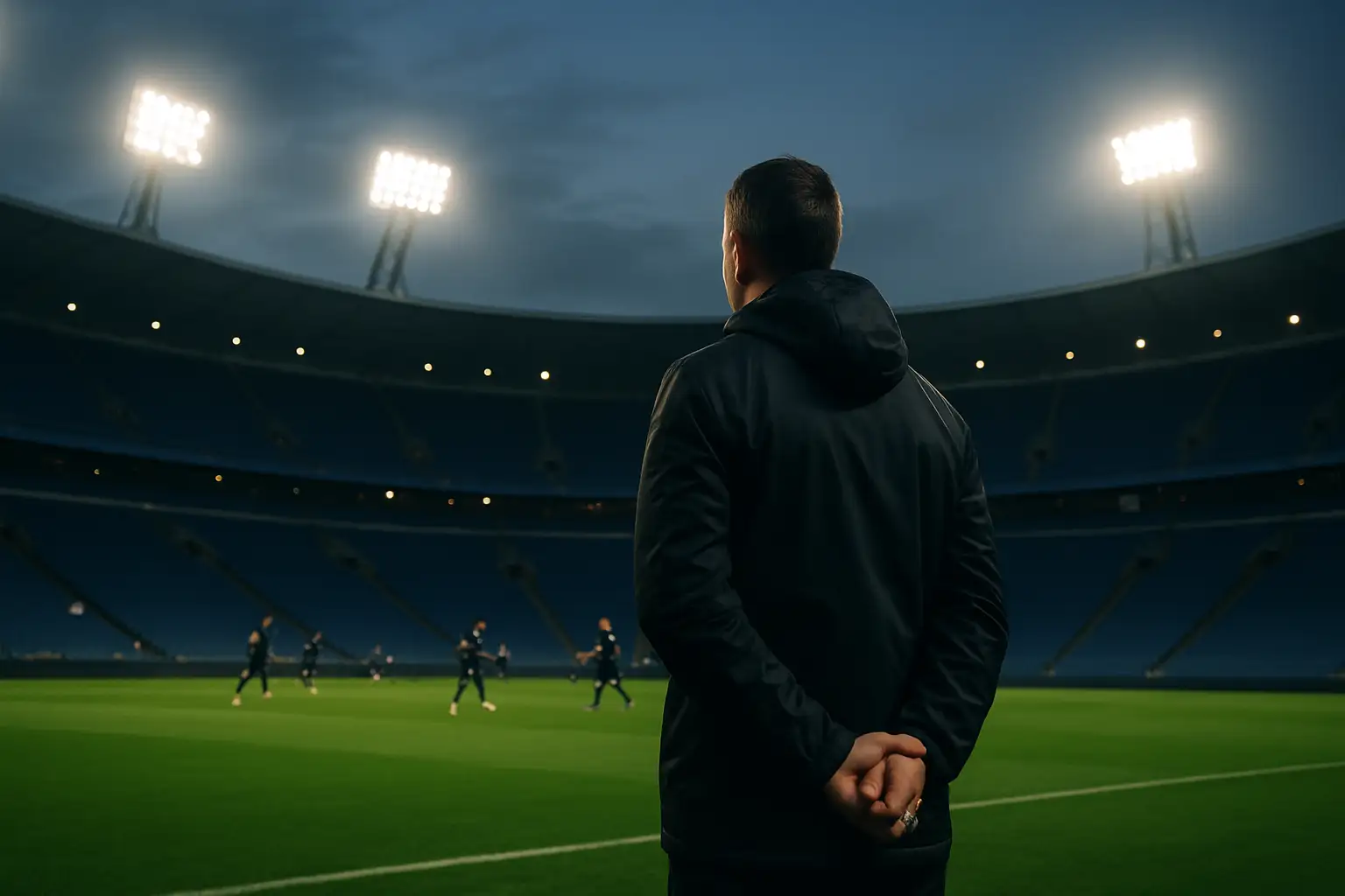 A football manager standing on the touchline of a major international stadium, watching a match in progress