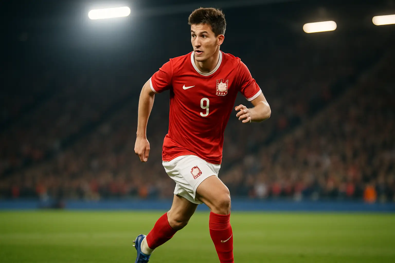 Football winger sprinting on a pitch during an international match under floodlights