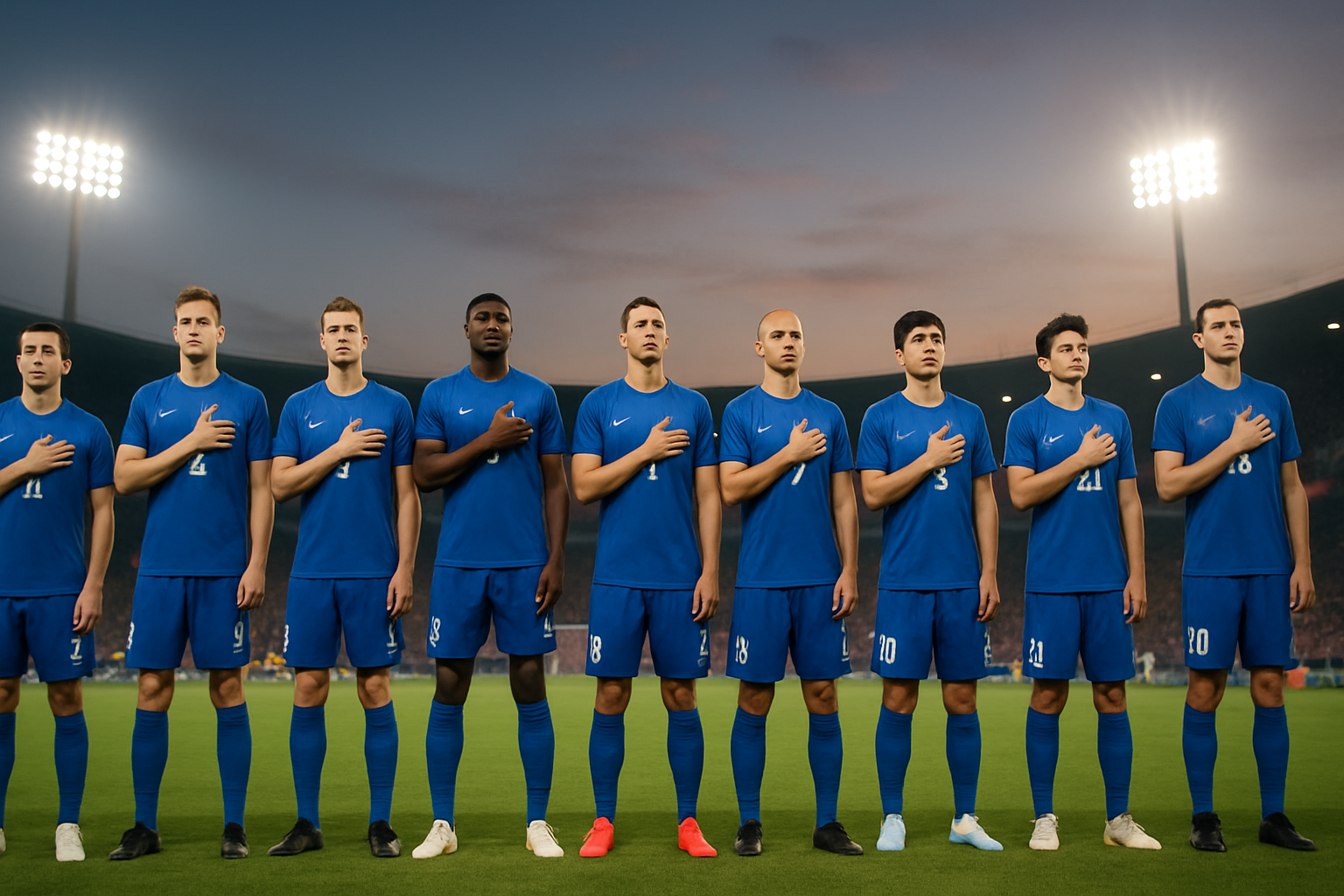 DR Congo football players standing on a pitch during a national anthem ceremony at a major tournament