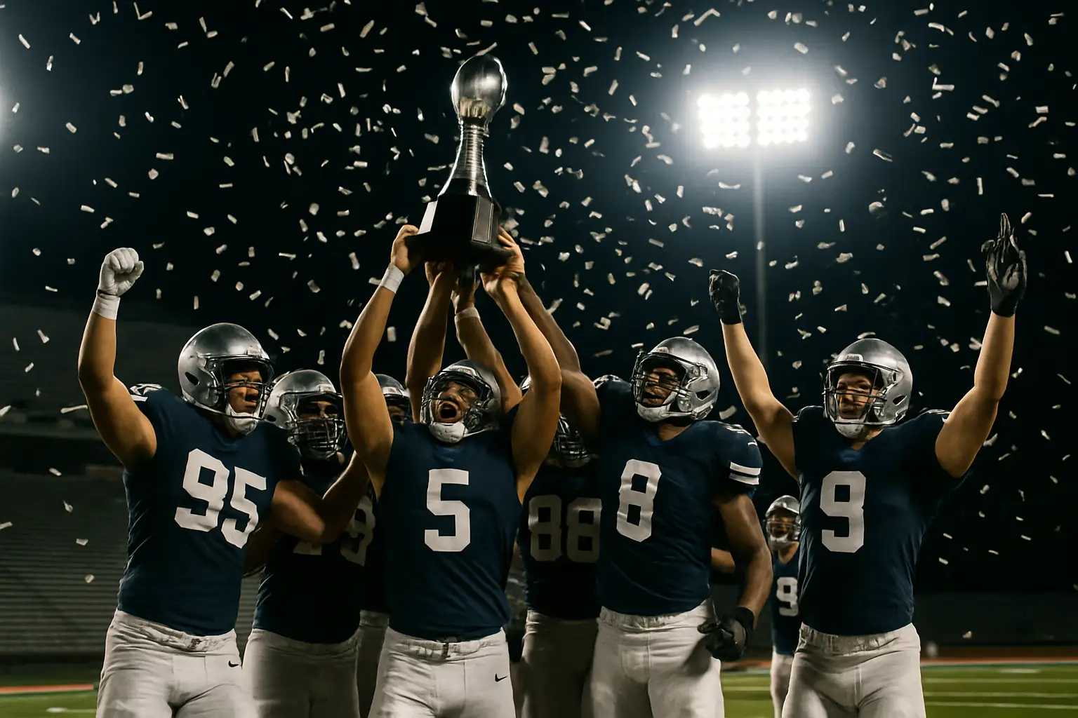 Duke football players on the field after winning the ACC championship