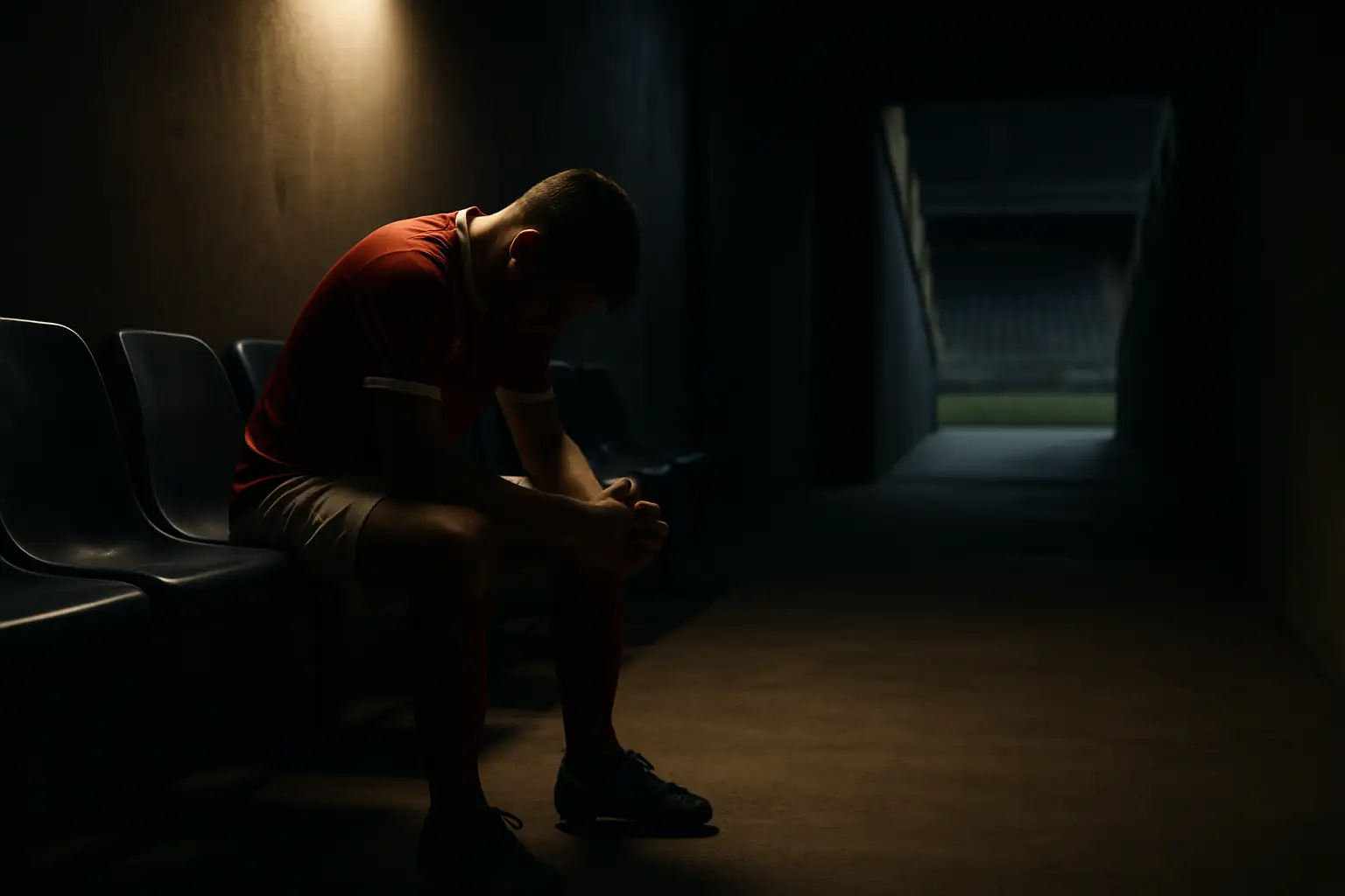 A footballer sitting alone in a stadium tunnel with head bowed in a moment of quiet reflection