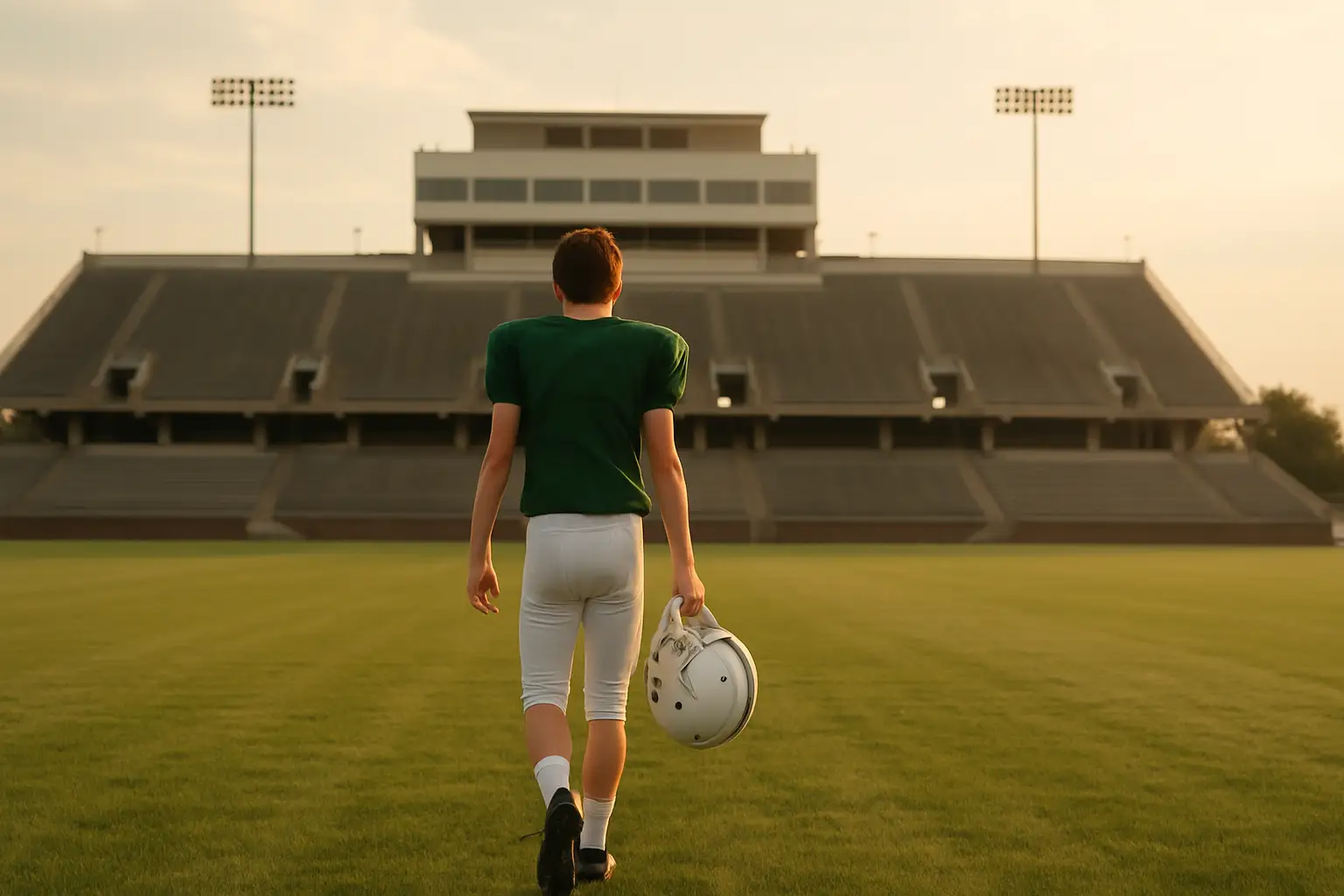 A football player in a high school uniform walks off a field toward a college football stadium in the background