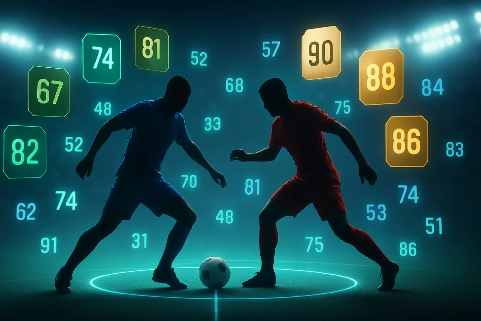 Two football player silhouettes facing each other under stadium lights with a video game rating overlay concept