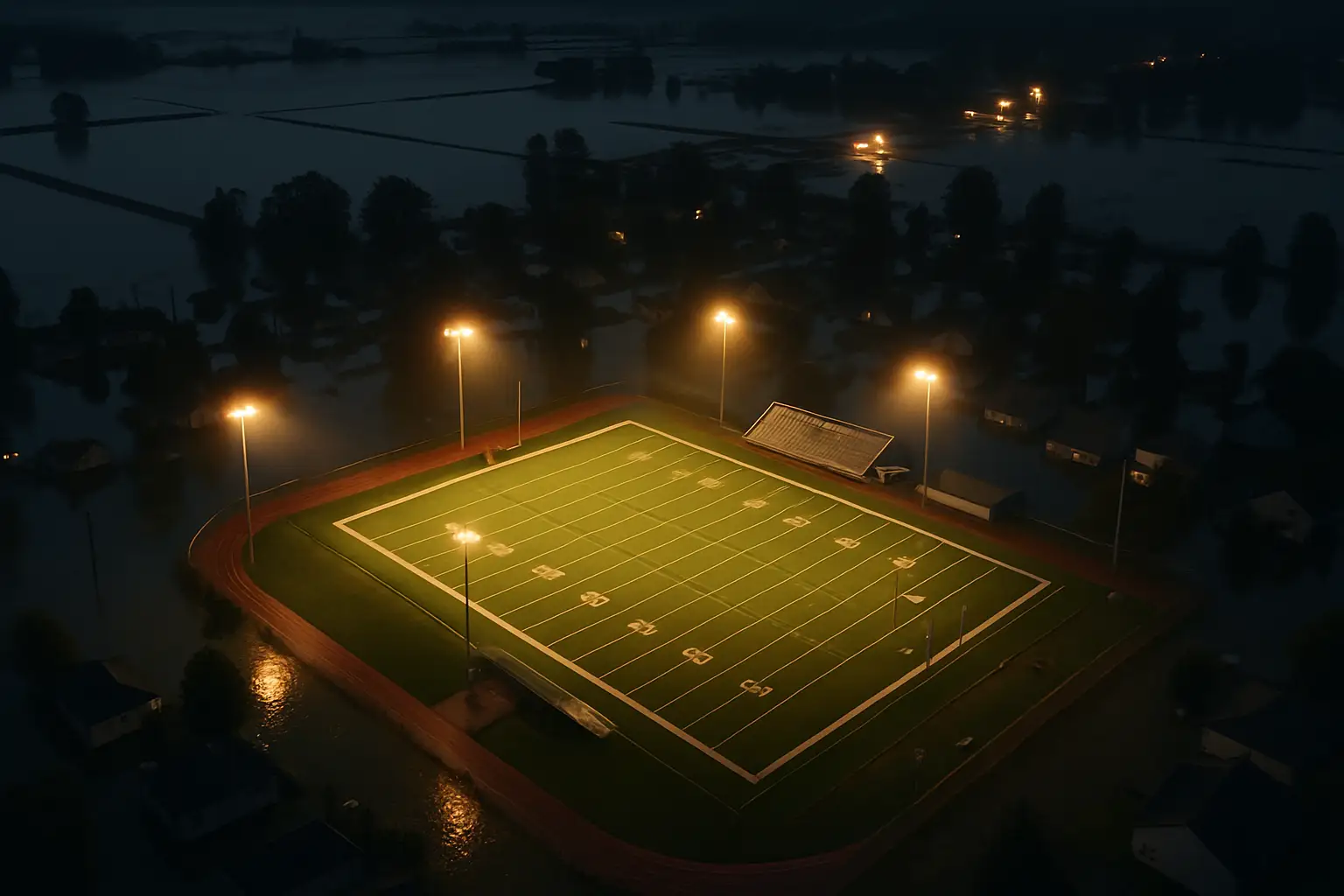 Football players and community members gathered on a small-town field after a flood recovery effort