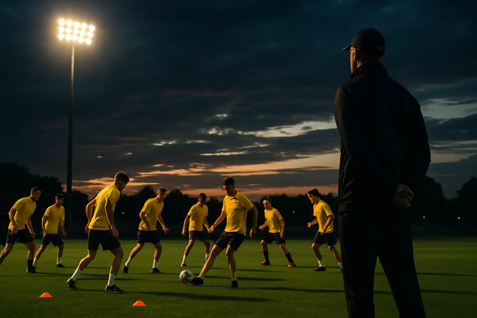 Ecuador football players training on a pitch under floodlights