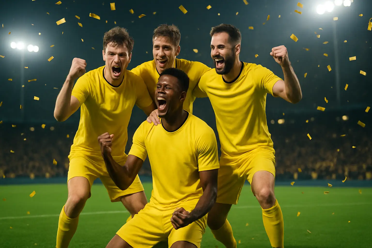 Ecuador football players celebrating on a pitch after a major international match