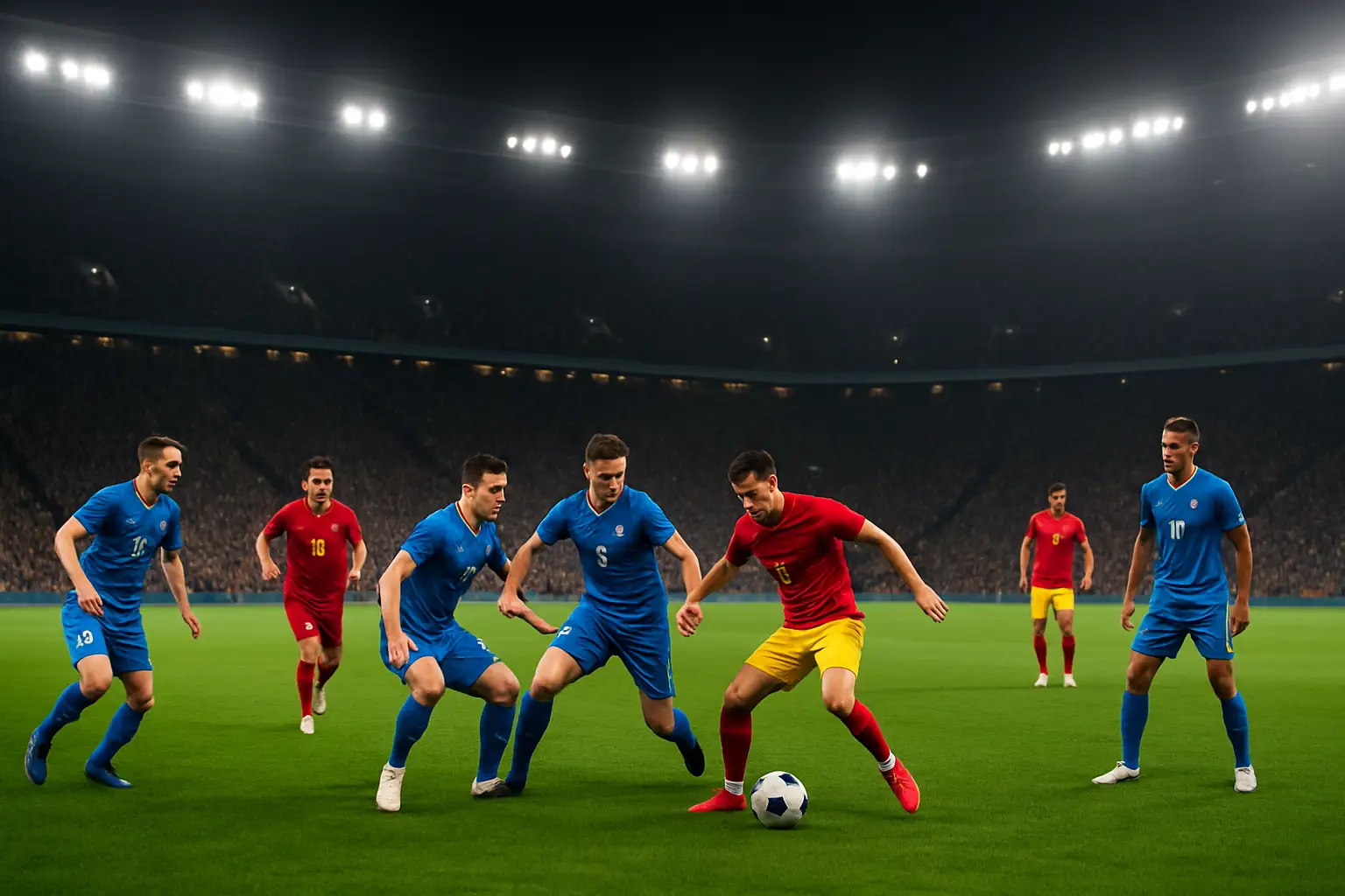 Football players competing in a World Cup group stage match under stadium floodlights