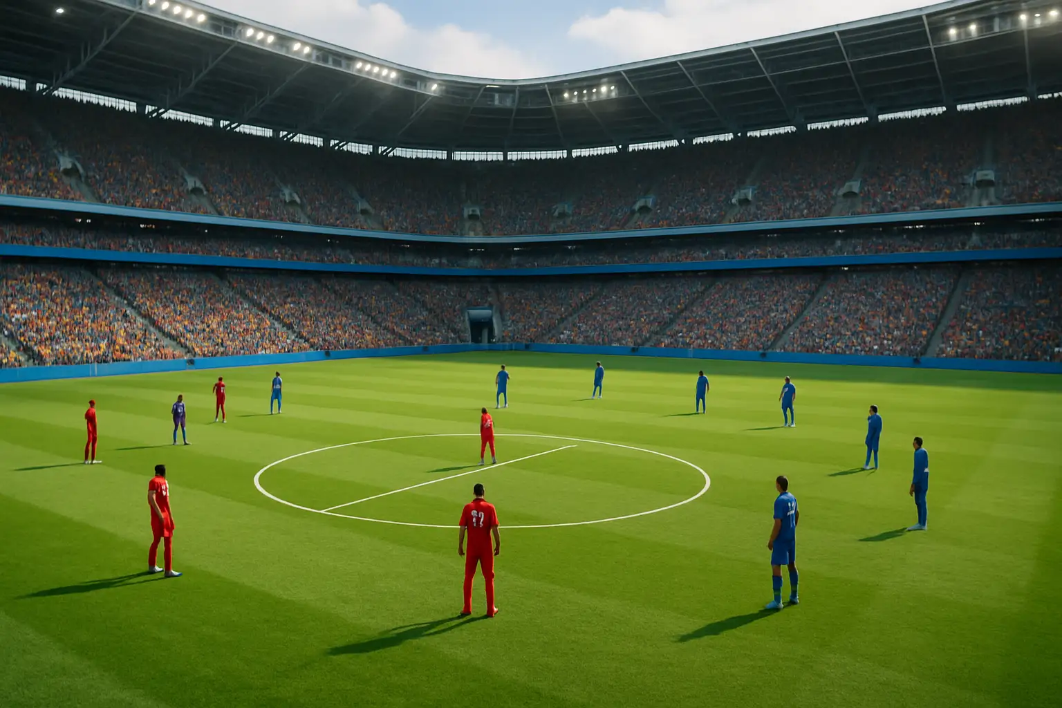 Football players competing in a World Cup group stage match inside a packed stadium