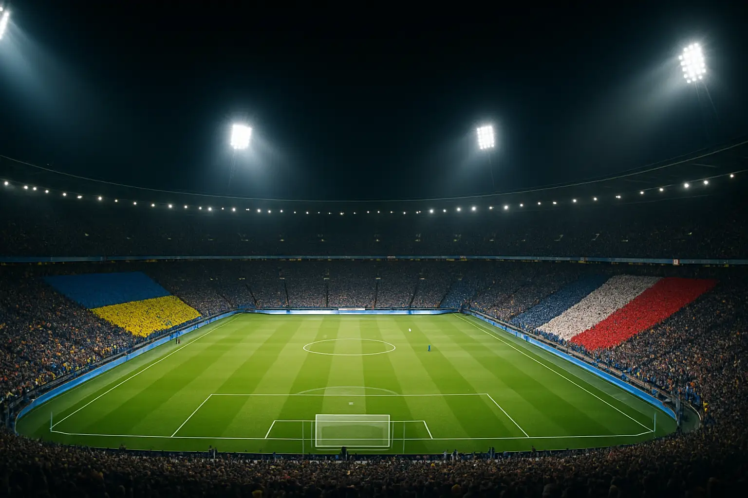 Football stadium lit up at night during a major international tournament match