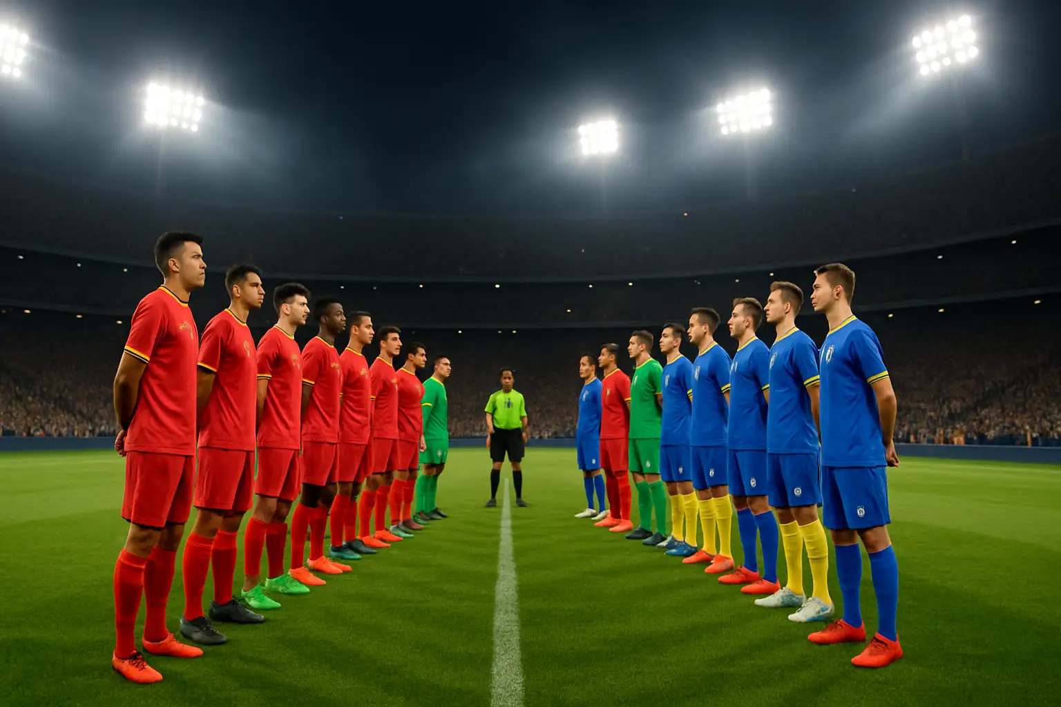 Football players from two national teams facing off on a stadium pitch during a major international tournament