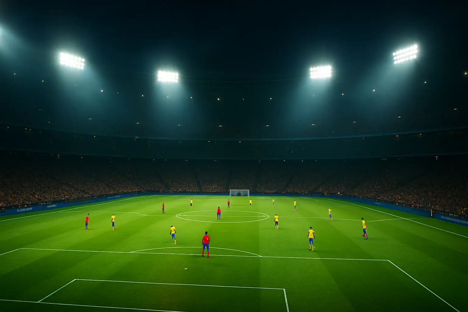 Football players competing in a World Cup group stage match under stadium floodlights