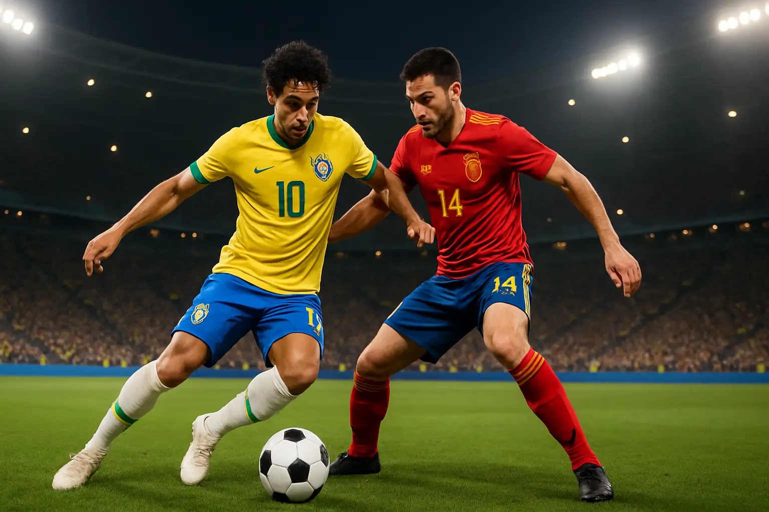 Football players competing in a World Cup qualifying match under stadium floodlights
