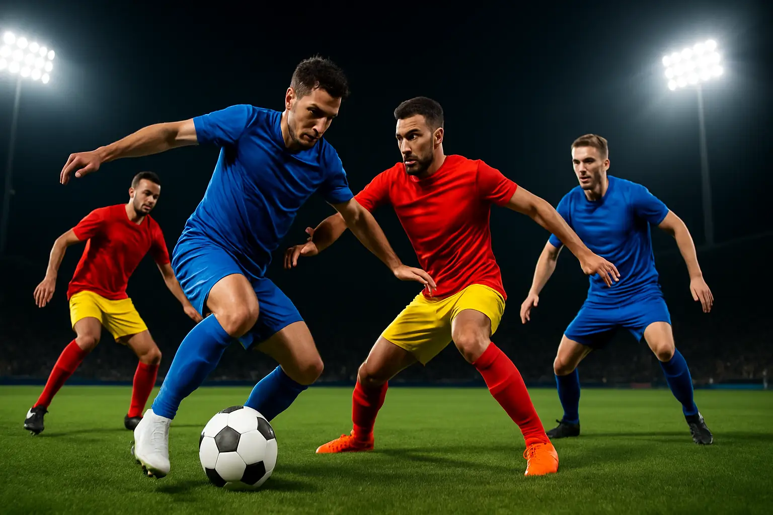 Football players from two national teams competing on a pitch under floodlights during a World Cup qualifier