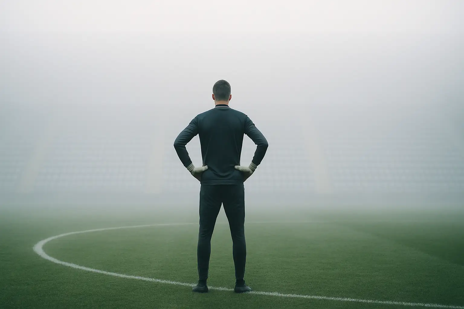 A goalkeeper in training gear standing in front of a goal, looking focused