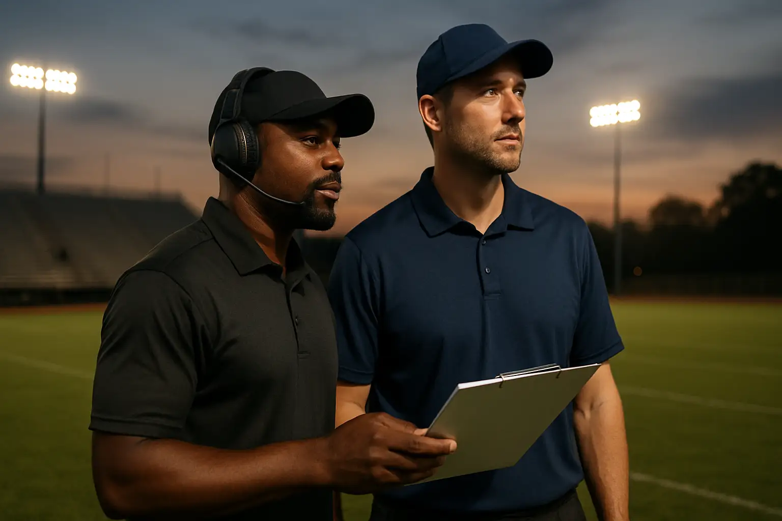 Two football coaches standing on a field reviewing a clipboard together before practice