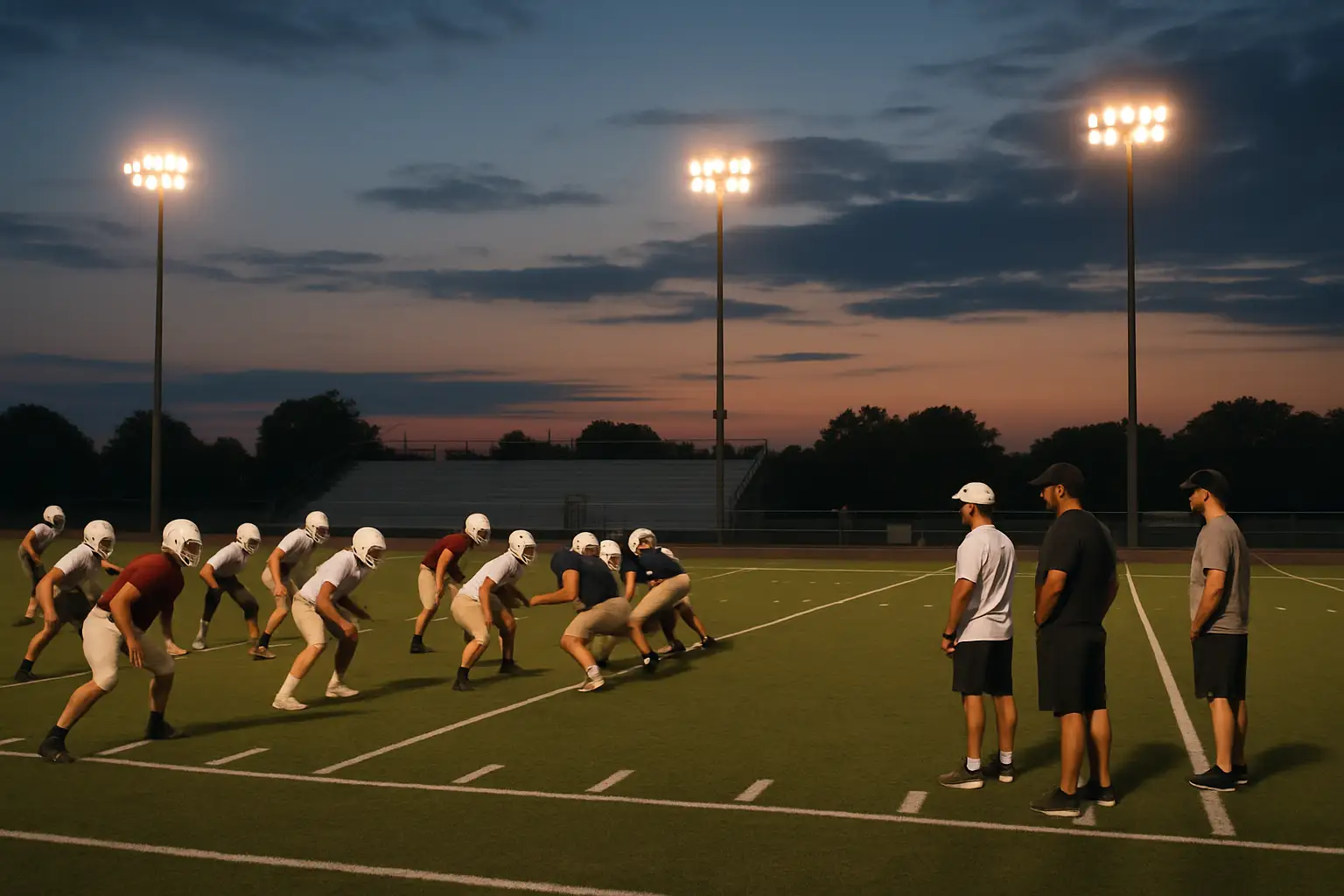 High school football players running drills on a practice field during offseason preparation