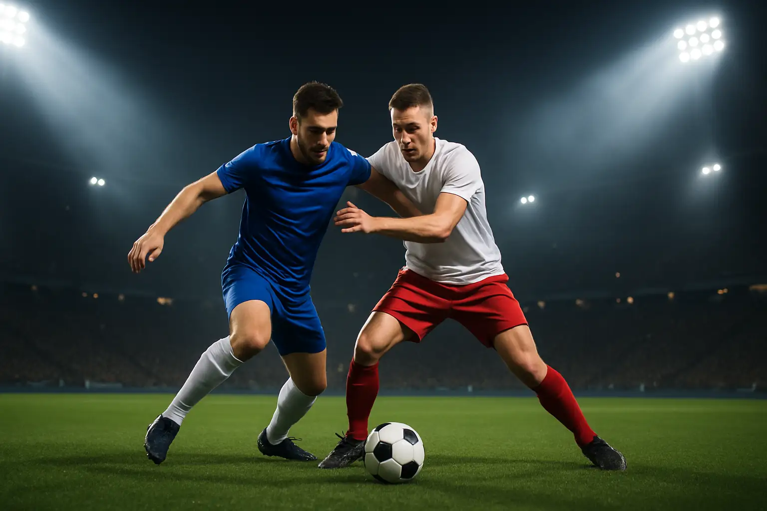 A footballer in a midfield battle during a high-intensity club match under floodlights