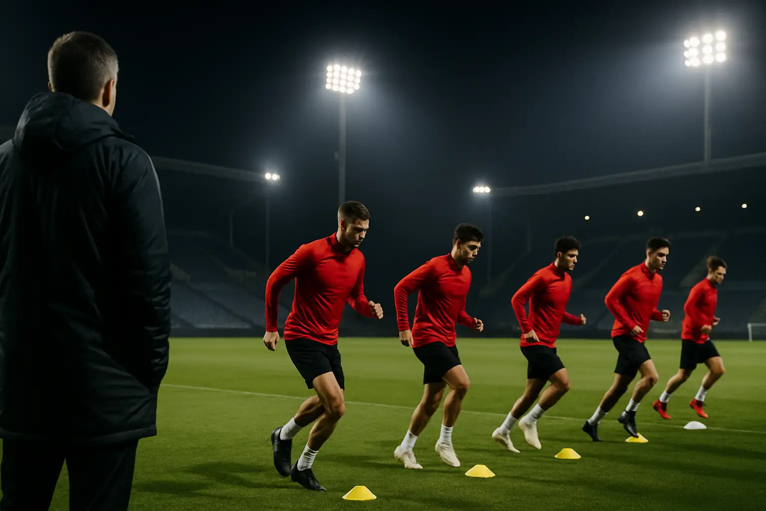 Egypt national football team players training on a pitch under floodlights