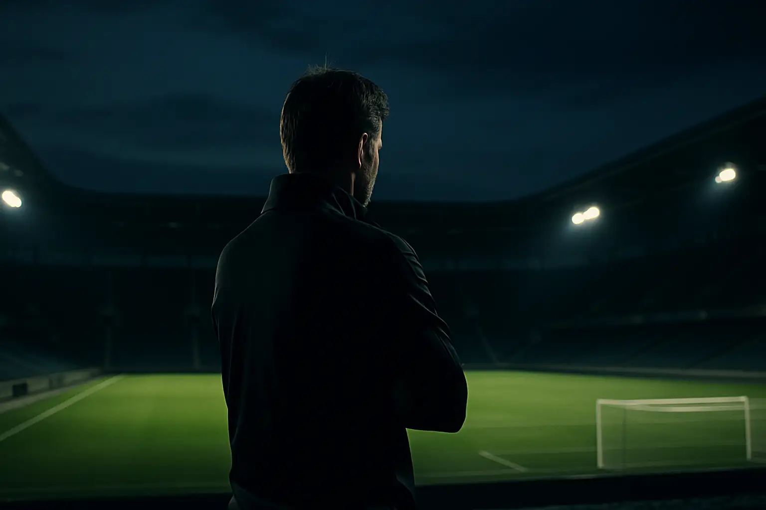 A football manager standing alone on the touchline, looking away from a large stadium screen