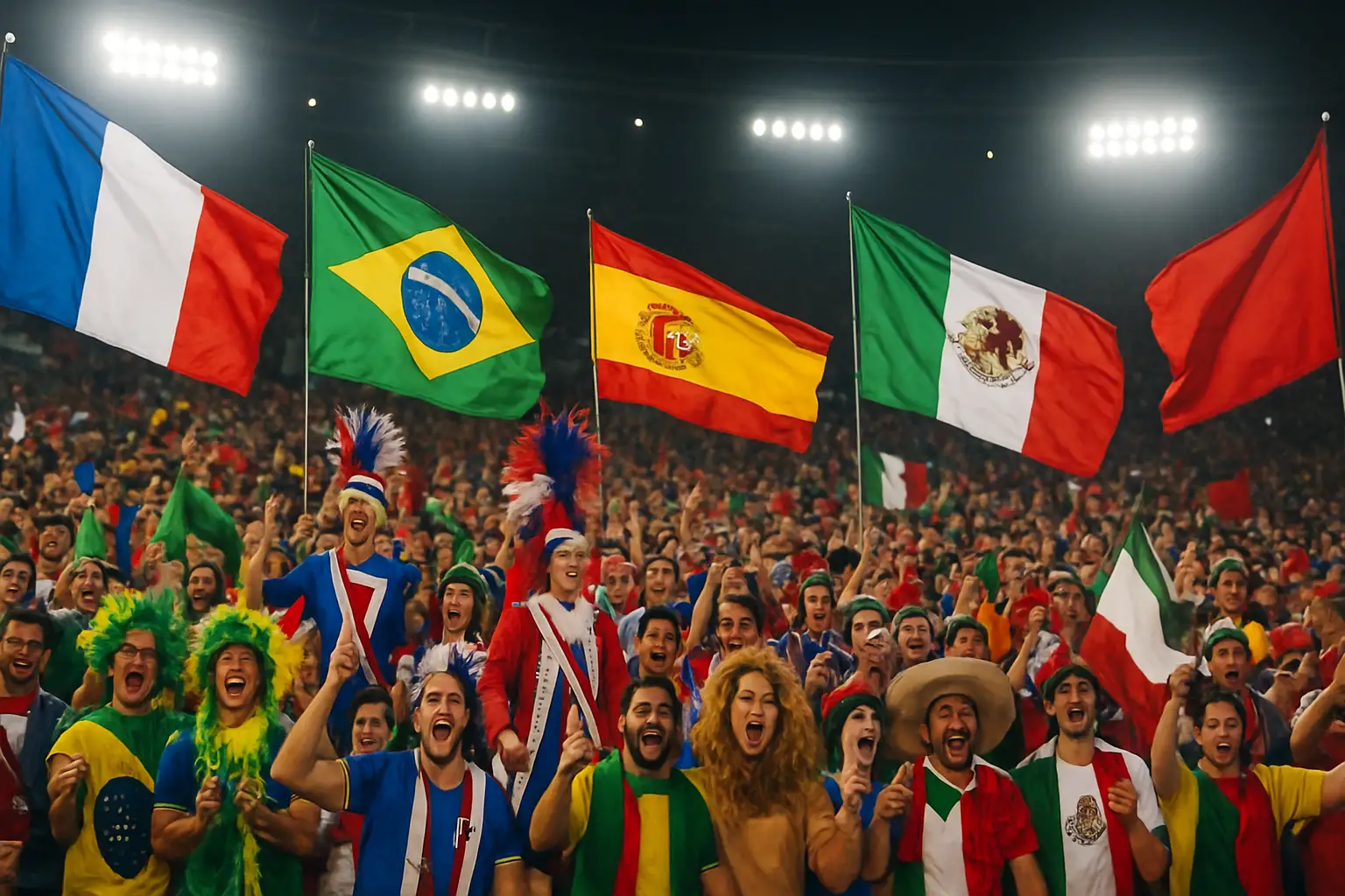 Colorful football supporters in a packed stadium waving flags during a World Cup match