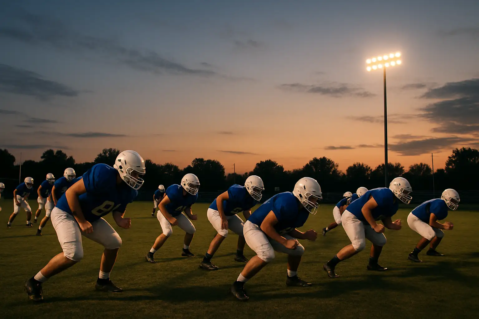 High school football players in helmets and pads running drills on a practice field at dusk