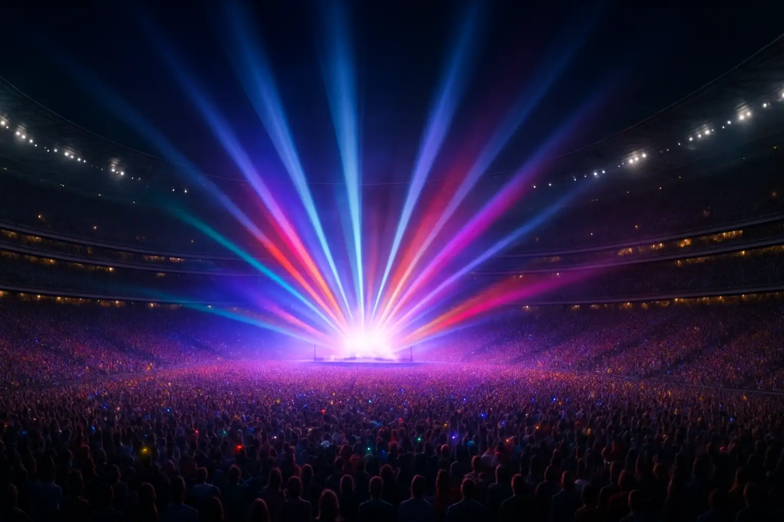 Colorful stage lights illuminating a large outdoor concert with a massive crowd
